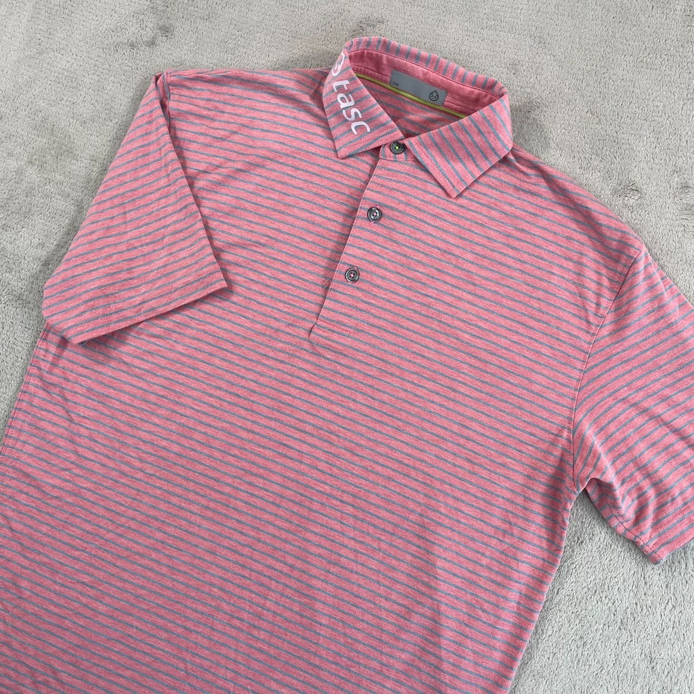 Tasc‎ Performance Cloud Polo Shirt Men Small Pink Striped Golf Stretch NWOT $84